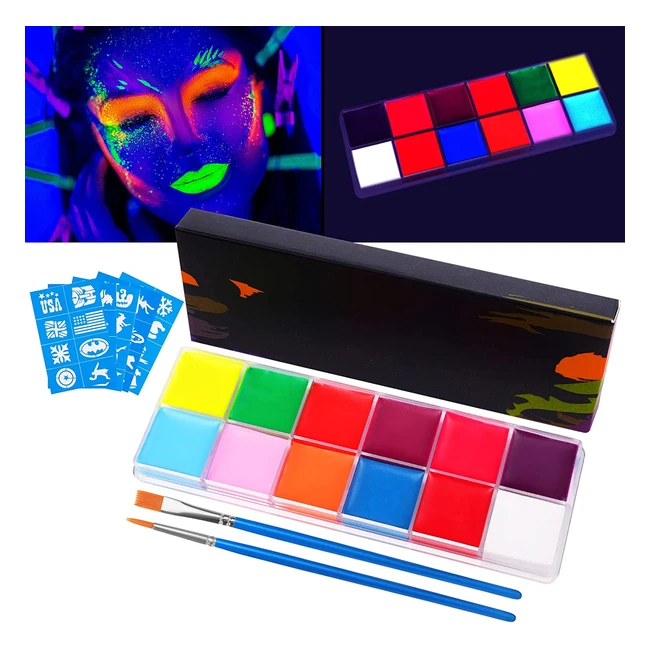 Uraqt Neon Face Paint Kit - 12 Colors, 2 Brushes, 40 Stencils, UV Glow, Safe Oil-Based Makeup for Adults & Kids