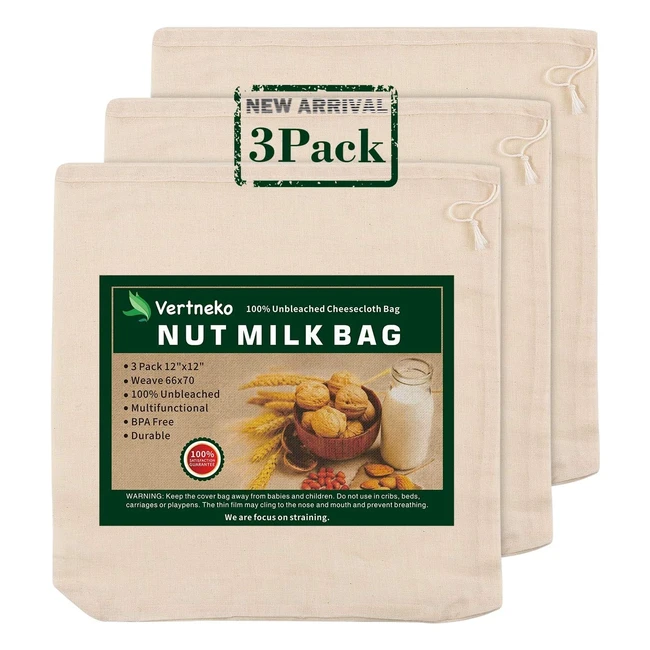 Nut Milk Bag Reusable 3 Pack - 12x12 All Natural Cheesecloth Bags - Strainer for Almond/Soy Milk, Greek Yogurt, Cold Brew Coffee, Tea, Juice - U Bottom Design, Triple Reinforced Stitched Edge