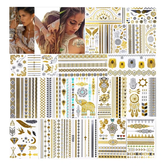 Uraqt Metallic Tattoos - 20 Sheets with 200 Designs - Waterproof & Removable - Body Art Stickers for Adults & Kids