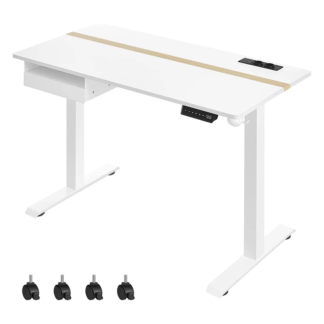 VASAGLE Elektrischer Schreibtisch mit Höhenverstellung, Steckdose und Schublade, 60 x 120 cm Tischplatte, 4 Höhen, Weiß LSD112W01