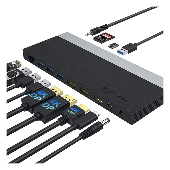 Station d'accueil USB-C triple affichage Wavlink avec charge de 65W pour ordinateur portable - Mac et Windows - DP 1.4, HDMI, 4 ports USB, lecteur de carte SD, Gigabit Ethernet