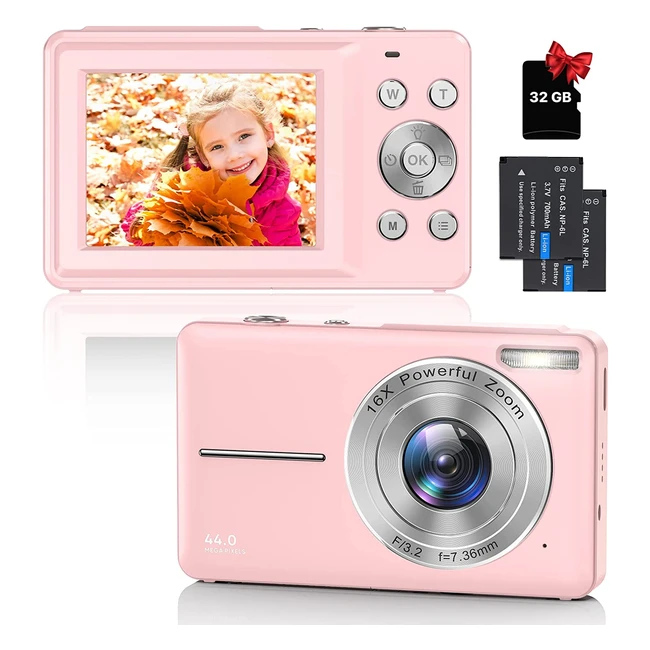 Appareil photo numérique compact 1080p HD 44MP avec carte 32Go - Zoom 16x - Rose