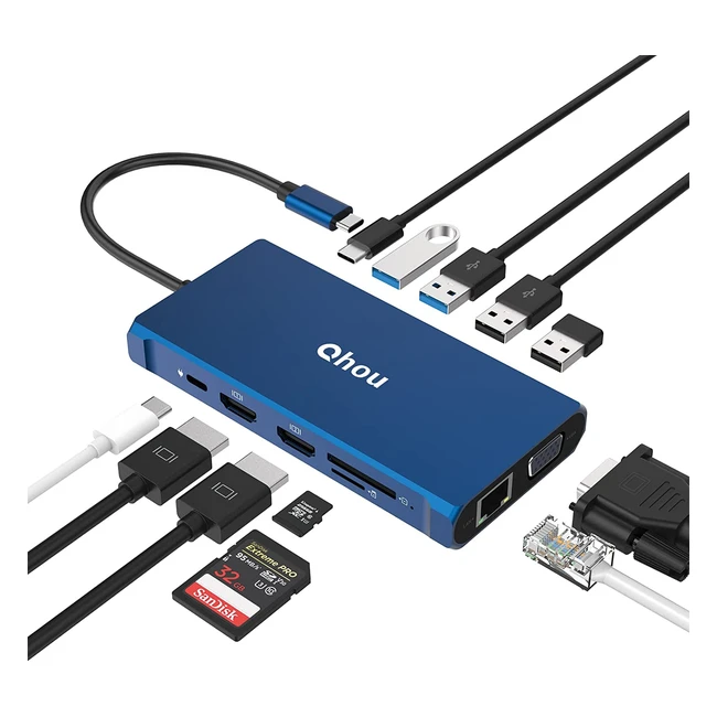 Qhou 12-in-1 USB-C Laptop Dockingstation mit dreifachem Display, 2 HDMI 4K, VGA, Ethernet, 100 W PD, USB-C, 4 USB, SD/TF für MacBook Pro und mehr
