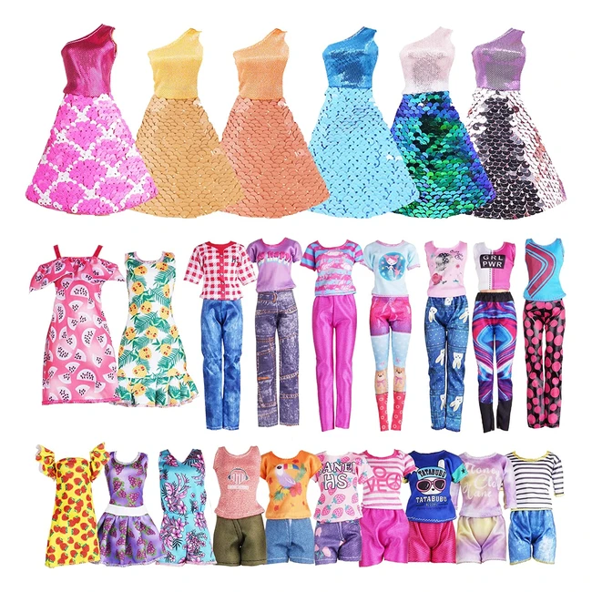 Ensemble de 12 vêtements pour poupée Barbie - Robes à paillettes et à fleurs, hauts et pantalons