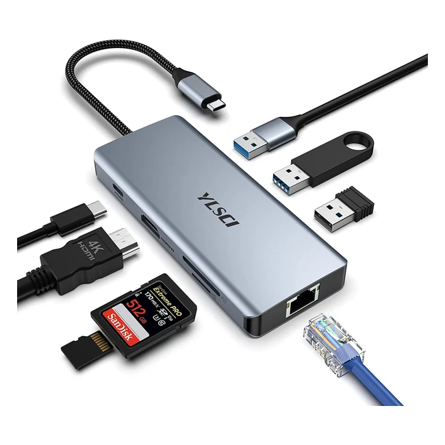 YLSCI USB C Hub 8 in 1 Docking Station - 4K HDMI, 2x USB 3.0, USB 2.0, SD/TF Card Reader, Gigabit Ethernet, 100W PD - MacBook Air/Pro/Surface Pro