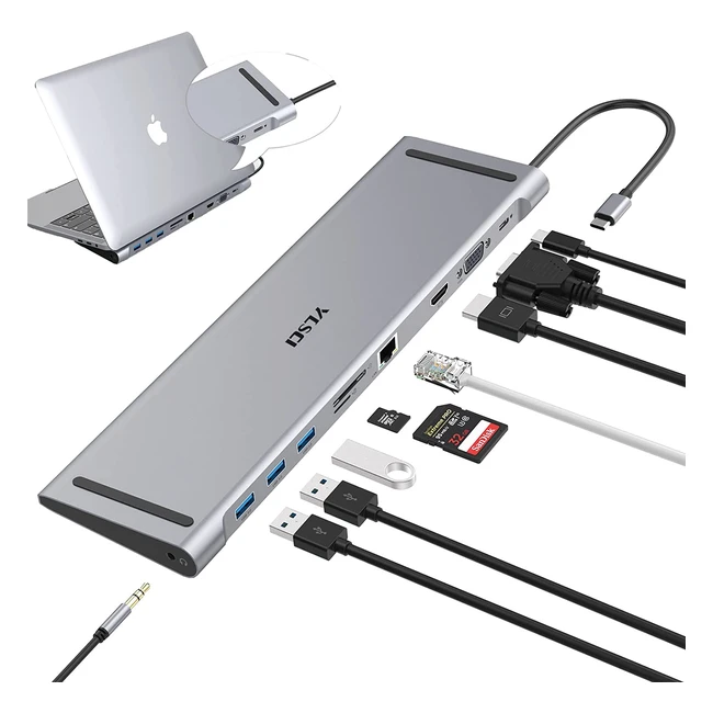 10in1 Laptop Docking Station USB-C mit 4K HDMI, VGA, USB 3.0, Gigabit Ethernet, SD/TF-Kartenleser und Audio für MacBook Air/Pro, Surface Pro - YLSCI