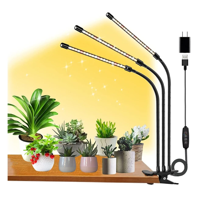 FRGrow LED Plant Grow Lights - Full Spectrum 3000K/5000K/660nm - Clip-On Plant Lamp with Timer - UKCA Listed Adapter - 3 Head