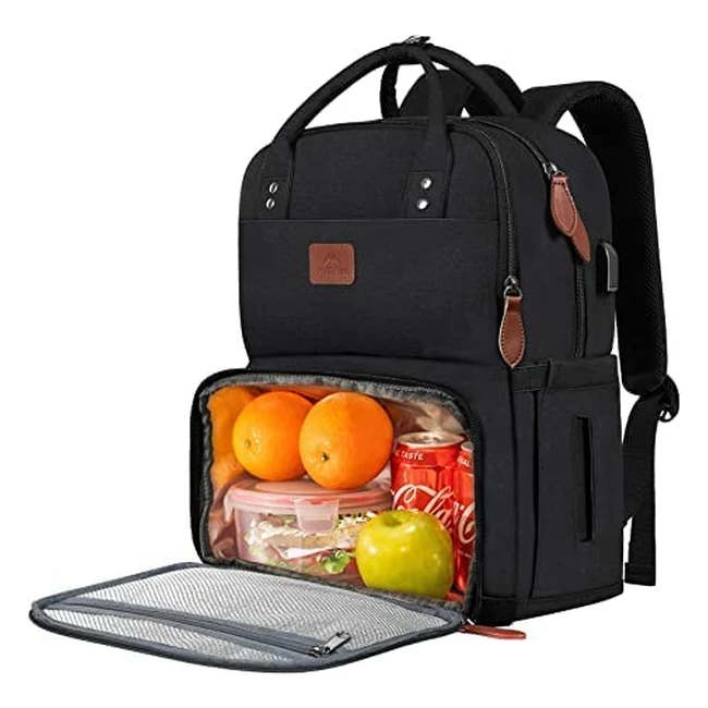 Matein Laptop Lunch Backpack - Insulated Compartment, 17 inch, USB Port, Cooler Bag for Travel, Work, Black