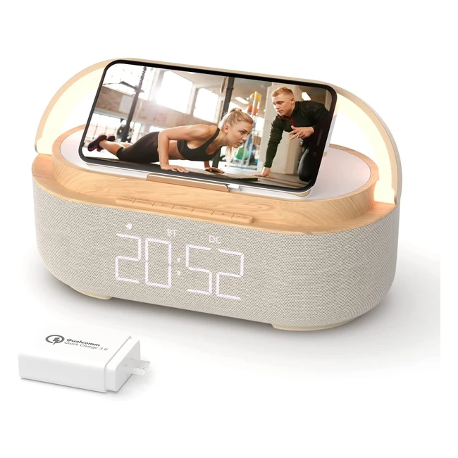 Colsur 2023 Bluetooth Speaker Alarm Clock with Wireless Charger, Night Light, and Loud Volume for Heavy Sleepers - 15W, Dimmable LED Display, 2500mAh Battery