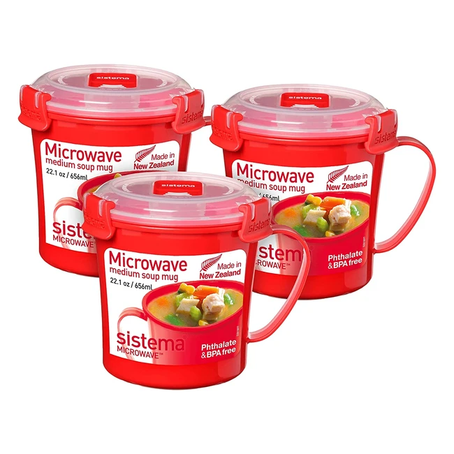 Sistema Microwave Soup Mugs with Steam Release Vents - BPA-Free, Recyclable, Red (3 Count)