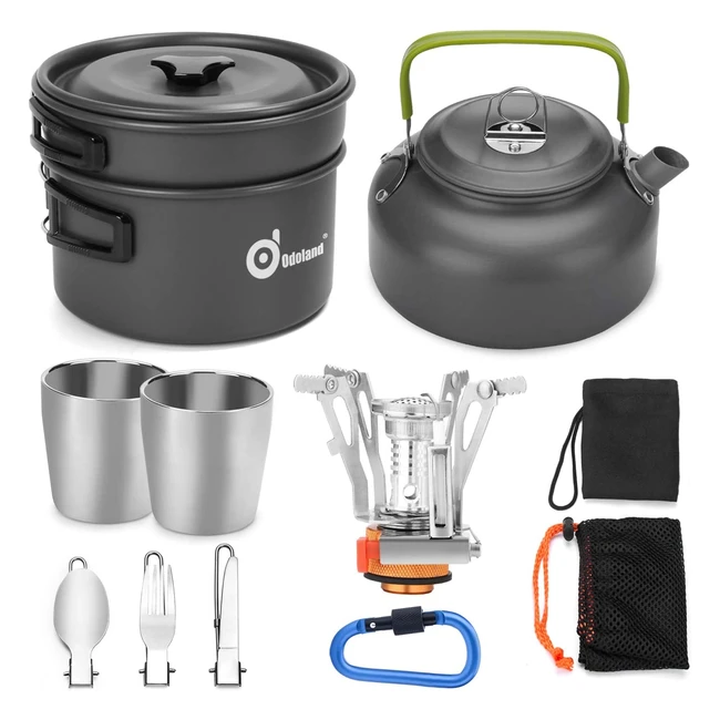 Kit de casseroles camping Odoland 10pcs en aluminium avec cafetière, théière et set de cuisine pour 12 personnes