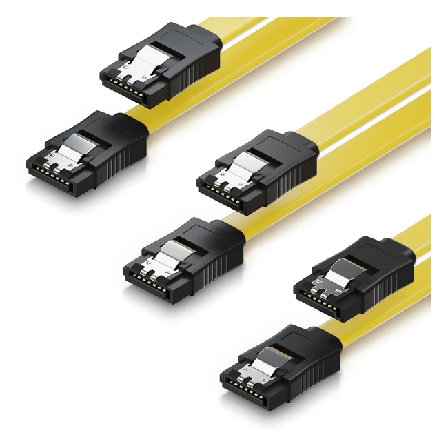 Câble de données SATA III deleycon 3x 0,5m pour HDD/SSD, clip en métal, 6 Gbps, 2 fiches droites de type L, jaune