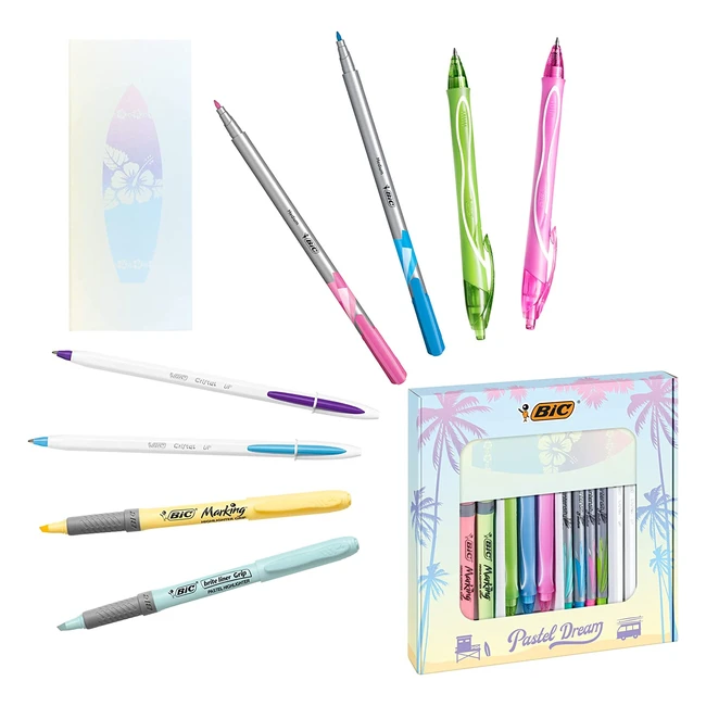 Coffret BIC Pastel Dream Kit - 3 stylos gel, 4 feutres d'écriture, 4 surligneurs pastel, 4 stylos-bille, 1 bloc-notes
