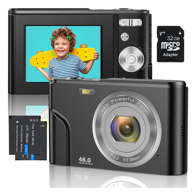 Fotocamera Digitale 1080p FHD Mini con Messa a Fuoco Automatica, Zoom 16x e Scheda SD 32GB - Regalo Perfetto per Bambini, Studenti e Vlogger