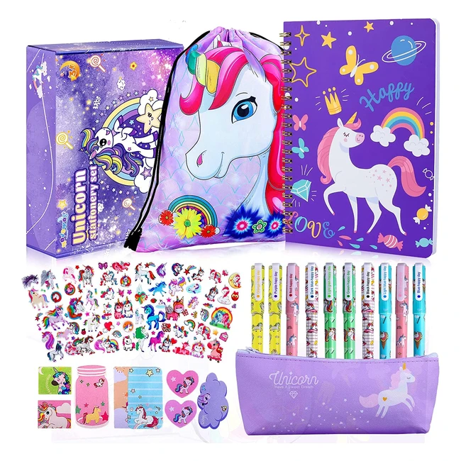 Unicorn Stationery Set für Mädchen - Notizbuch, 10 Stifte, lila Stiftetasche & mehr - Bestes Geburtstagsgeschenk für Kinder ab 5 Jahren