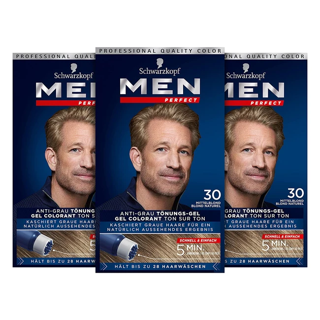 Schwarzkopf Men Perfect 30 Haarfärbemittel Mittelblond gegen graue Haare, 3er Pack (3 x 80 ml) - Hohe Qualität