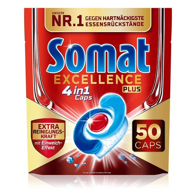 Somat Excellence Plus 4in1 Caps - Extra Reinigungskraft und Einweicheeffekt - 50 Tabs in 100% wasserlöslicher Hülle