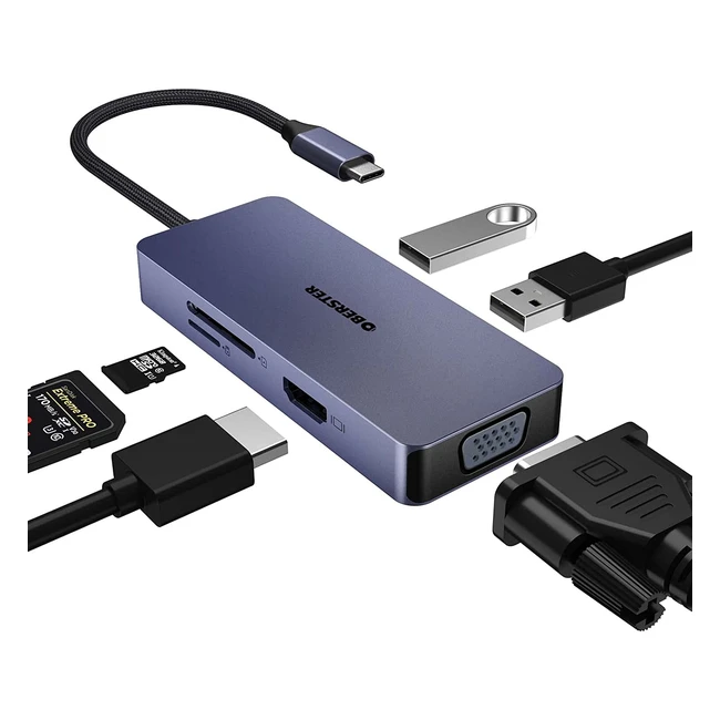 Hub USB C 6 en 1 double moniteur avec 4K HDMI, VGA, USB A, lecteur de carte SD/TF pour MacBook Pro/Air, Dell, HP, Lenovo
