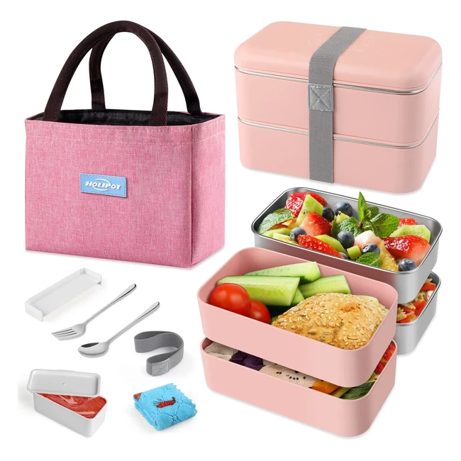 Holipot Bento Box - 2 Tier Japanese Lunch Box with Eco-Friendly Containers and L