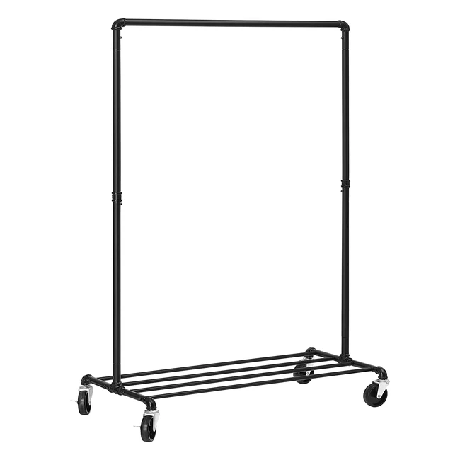 Songmics Heavy Duty Metal Clothes Rack on Wheels - Holds 90kg - Industrial Design Coat Stand with Clothes Rail and Shelf for Bedroom Laundry Room - HSR61BK