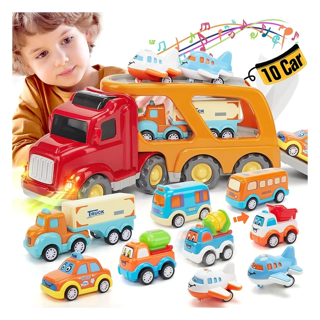 Camion Macchinine per Bambini 2 Anni - 10 Pezzi Cars con Suoni e Luci - Giocattolo Regalo Bambino 1 2 3 Anni