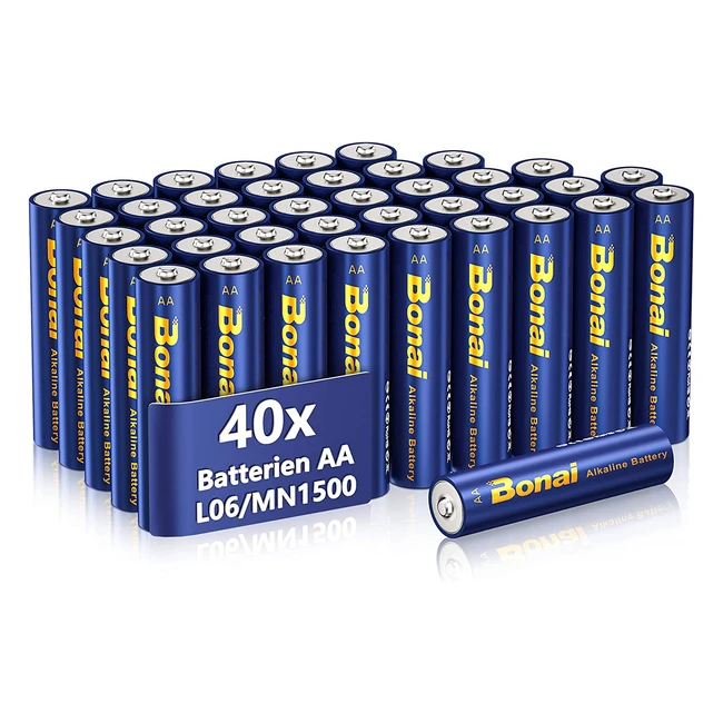 Bonai Longlife Batterie AA Pack of 40 - Alcaline 1.5V High Capacity LR6 Battery - 10 Year Durability - Eco-Friendly Packaging