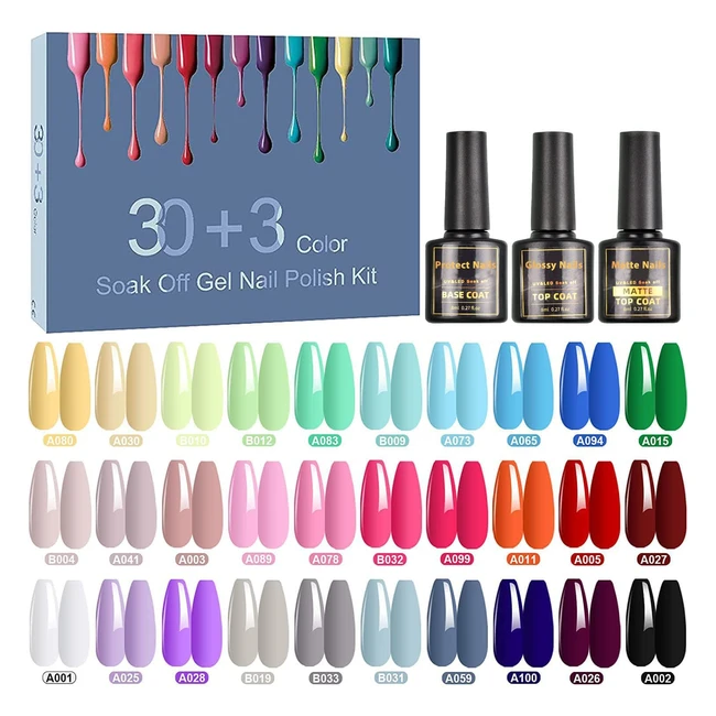 Set de 33 esmaltes semipermanentes de 8ml con base, top coat brillante y mate en 30 colores vibrantes de Shownail