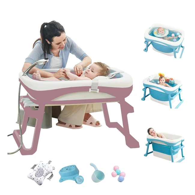 Purple Foldable Baby Bathtub with Stand and Bath Accessories - Comfort for Mother and Baby - 0-12 Years - No More Bending - 88x62x56 cm
