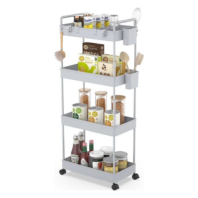 Ronlap Slim Storage Trolley - 4 Tier Rolling Cart with Mesh Baskets and Ergonomic Handles for Office, Bathroom, Kitchen, Laundry Room - Grey