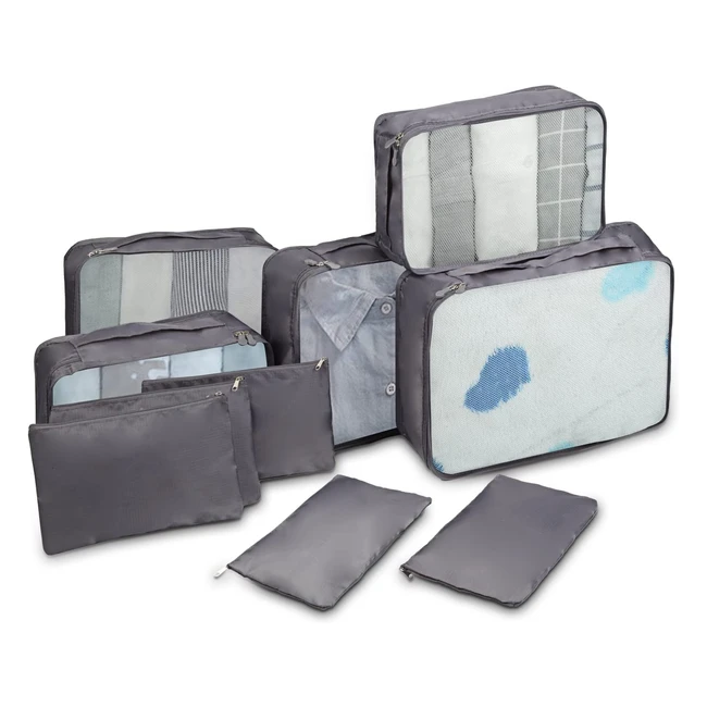 Travel Packing Cubes - 10 Piece Set for Luggage Organization and Storage - Grey