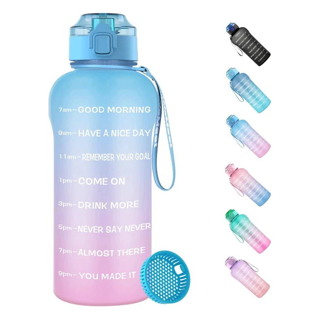 Wemeet 2L Trinkflasche mit Zeitmarkierung, BPA-frei, Tritan, auslaufsicher, Fruchtfilter, für Camping, Fitnessstudio, Picknick - Blau/Pink