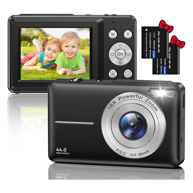 Digitalkamera HD 1080p 44MP kompakte Mini-Digitalkamera mit 16x Digitalzoom für Kinder Erwachsene Mädchen Jungen Anfänger Schwarz