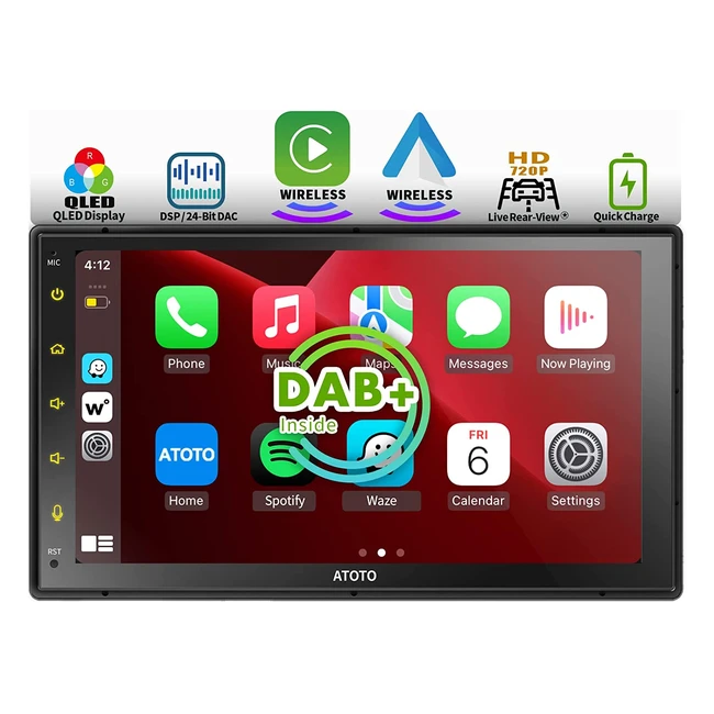 Autoradio Atoto F7XE 2 DIN avec DAB intégré, CarPlay sans fil et Android Auto, écran tactile QLED de 7 pouces, vue arrière en direct HD, Bluetooth, préampli 449W RMS