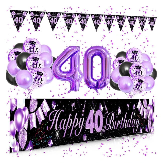 Swpeed 40th Birthday Decorations Kit for Women - Purple Gold Happy Birthday Banner, Black & Gold Balloons, Confetti Balloons, Number 40 Balloon, Triangle Flag