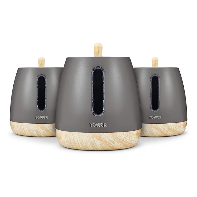 Tower T826031G Scandi Kitchen Canisters - Matte Grey with Wood Accents - 3 Piece