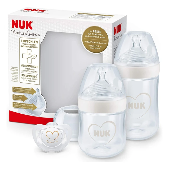 NUK Nature Sense Baby Bottles Starter Set - BPA-free, Anti-colic, Genius Soother, Hearts White