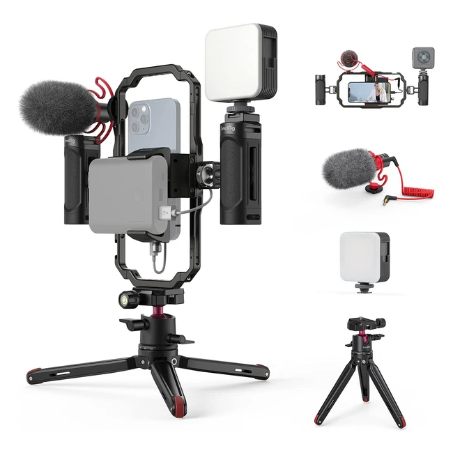 SmallRig Video Rig Kit mit Stabilisatorgriff, Smartphone-Video-Rig mit Videoleuchte, Mikrofon und Aluminium-Legierung-Stativ für YouTube Vlog Mobile Video Maker 3384B