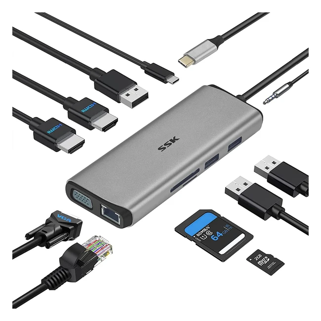 SSK 11-in-1 USB-C Hub Docking Station with Triple Displays, 4K HDMI, VGA, SD/TF Card Reader, RJ45, 87W PD Charging, for MacBook Pro/Air, iMac, XPS and More