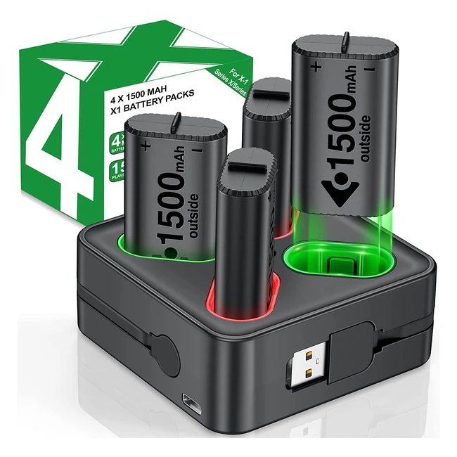 Dinofire Xbox Controller Akku Ladestation mit LED-Anzeige und 4x 1500mAh wiederaufladbaren Akkus für Xbox Series X/S, Xbox One und Elite Controller