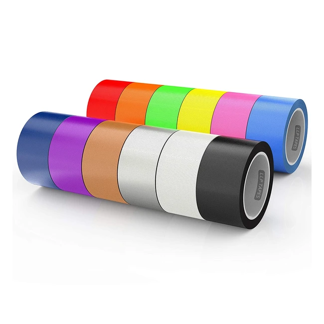 LLPT Duct Tape - Premium Assorted Color Pack (12) - 50mm x 9m - Industrial Grade Cloth with Strong Adhesive - DT612