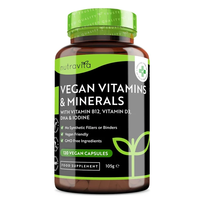 Vegan Multivitamin für reine Pflanzendiät | Vitamin B12, D3, DHA, Iod, Eisen & Zink | 120 Kapseln für 4 Monate