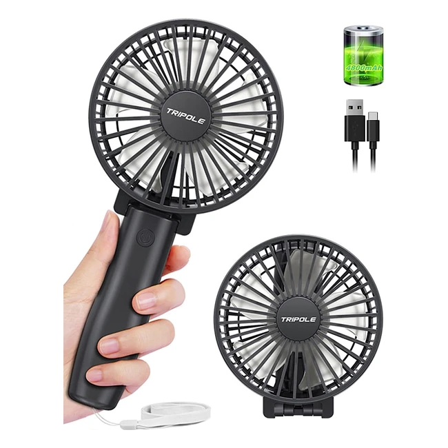 Tripole Handheld Fan - Rechargeable 4800mAh, 3-Speed, Foldable, Portable Fan for Indoor, Outdoor, Camping, Sports, Black