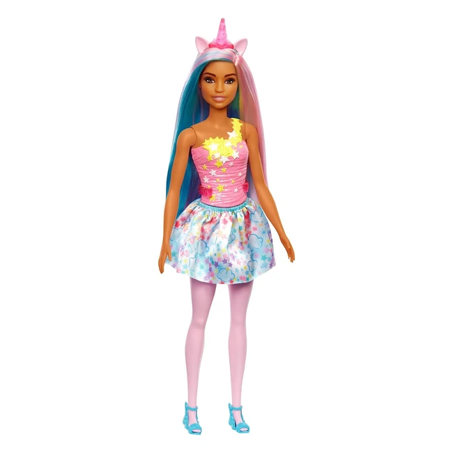 Barbie Unicornio HGR21 - Muñeca con Pelo y Cuerno Rosa, Falda de Estrellas y Accesorios de Fantasía para Niñas de 3+ años
