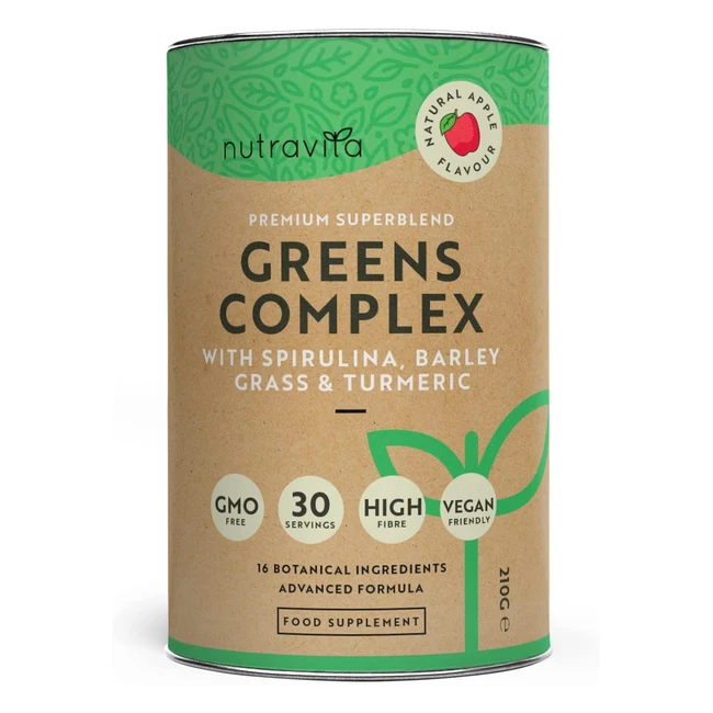 Nutravita Super Greens Pulverkomplex - Natürlicher Apfelgeschmack - Premium-Superfood-Pulvermischung mit Spirulina, Gerstengras und Kurkuma - Ballaststoffreich, vegan und GMO-frei