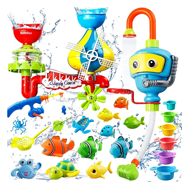 Baby Badetier mit Dusche, Schwimmwind-up-Spielzeug und Angelspiel für Pool und Badewanne - Geschenke für Jungen und Mädchen ab 6 Monaten