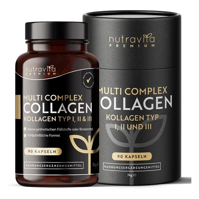 Premium Collagen Complex mit Typ I II III Kollagen, Meereskollagen, Hyaluronsäure, Kurkuma und Aloe Vera - 90 Kapseln - Nutravita