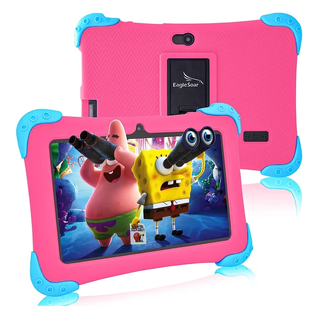 Tablette enfants Android 12 - Eaglesoar - Quad Core - 2Go/32Go - Double caméra - WiFi - Contrôle parental - Kidproof tui rose