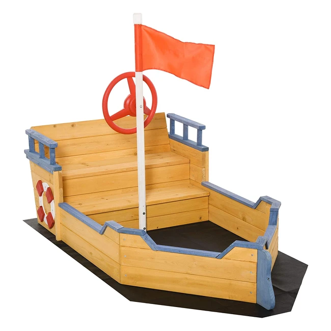 Outsunny Sandkasten Schiff aus Naturholz mit Piratenschiff-Design und Stauraumbank für Kinder 3-6 Jahre