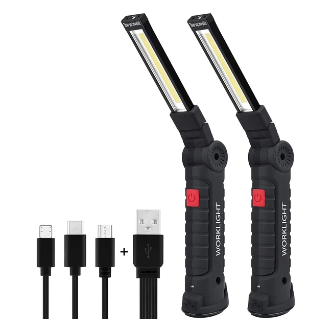 Linterna Taller LED Recargable COB USB con Base Magnética y Gancho Colgante - 2 Piezas