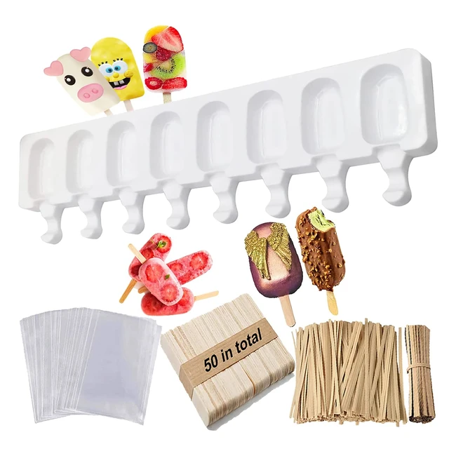 Premium Silicone Ice Lolly Moulds with 50 Reusable Bamboo Sticks - BPA-Free Non